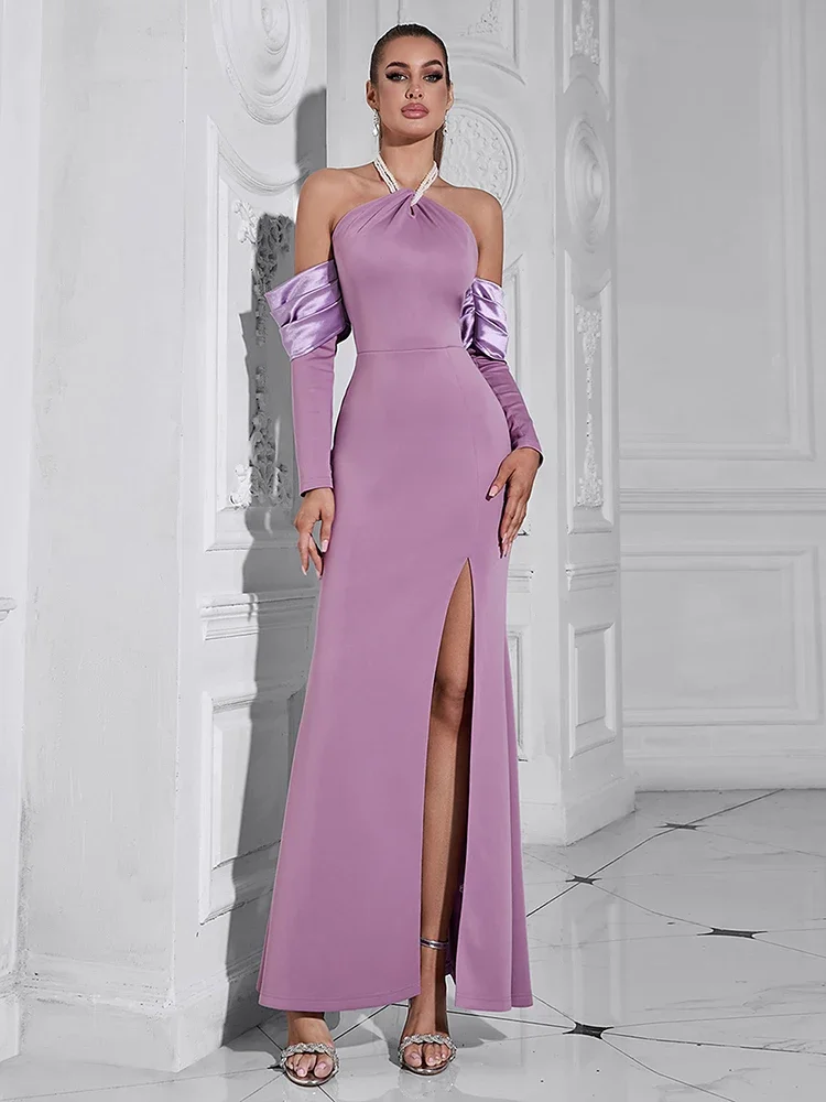 Sexy Pearl Straps Halter Backless Long Sleeves Maxi Dresses Women Lavender Off Shoulder Split Slim Celebrity Evening Party Gowns