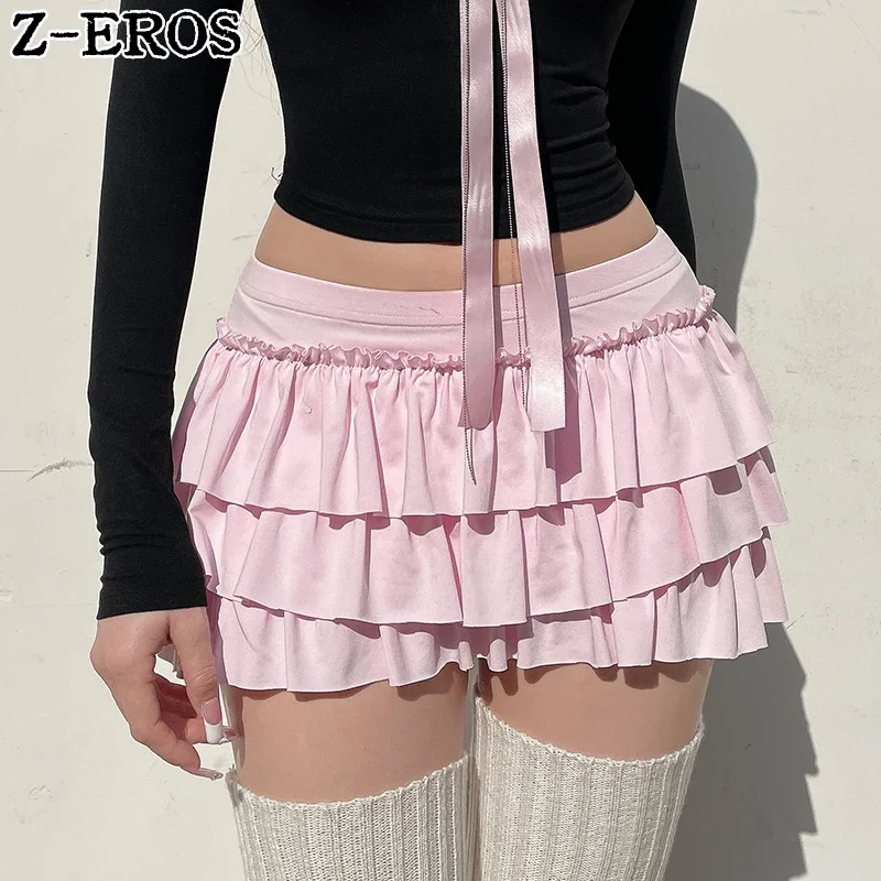 Z-ERO Women's Butterfly Sweet A-line Skirt Slim Fit Hundred pleats Low Waist Mini Skirt Y2K Summer Street Dress Pink Cake Skirt