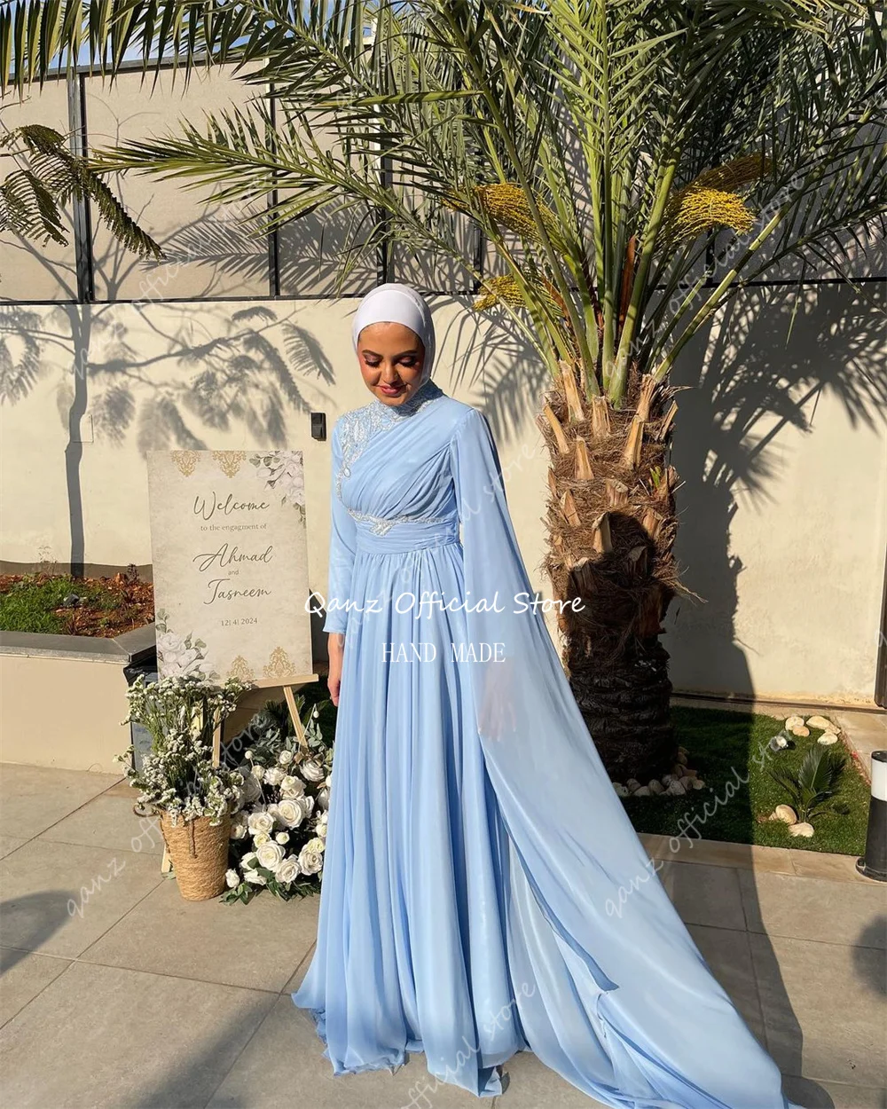 Qanz Muslim Evening Gown Blue Long A-Line Chiffon Beading Dubai Arabic Wedding Party Dress Długie Suknie Wieczorowe Customized