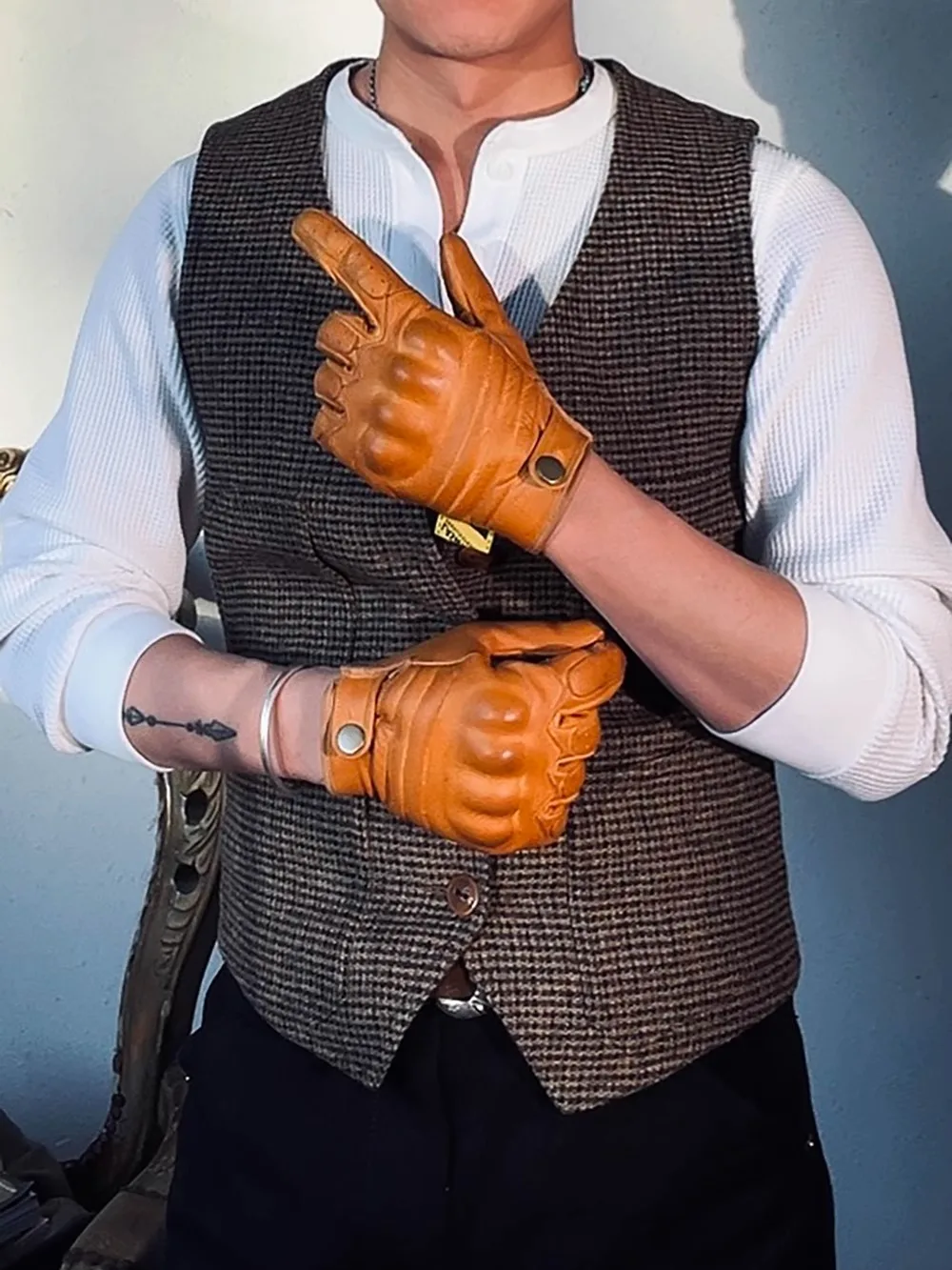 Tailor Brando Full-Grain Oil-Waxed Cowhide Vintage Motorcycle Gloves Unisex Autumn/Winter Warm Riding Gloves