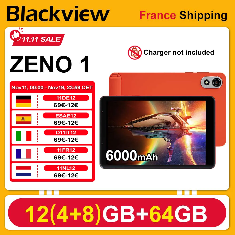 Планшет Blackview ZENO 1 6000 мАч [без зарядного устройства ЕС] 8 дюймов HD 12 (4 + 8) ГБ + 64 ГБ UNISOC Tiger T615 Android 15 10 Вт 8 МП + 8 МП с двумя SIM-картами