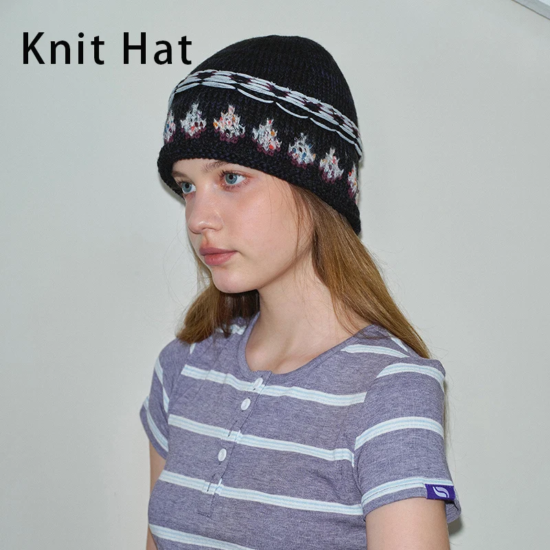 Natural Slouchy Knit Hat Navy Blue Geometric Jacquard Cuffed Beanie Hat Artistic Textured Winter Aran Beanie Skull Hat For Women