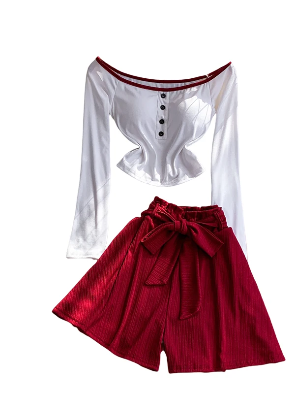 Conjunto Casual de Calças de Cintura Alta e Sem Alças, Calças de Pernas Largas, Top com Laço, Conjunto Slimming de Duas Peças