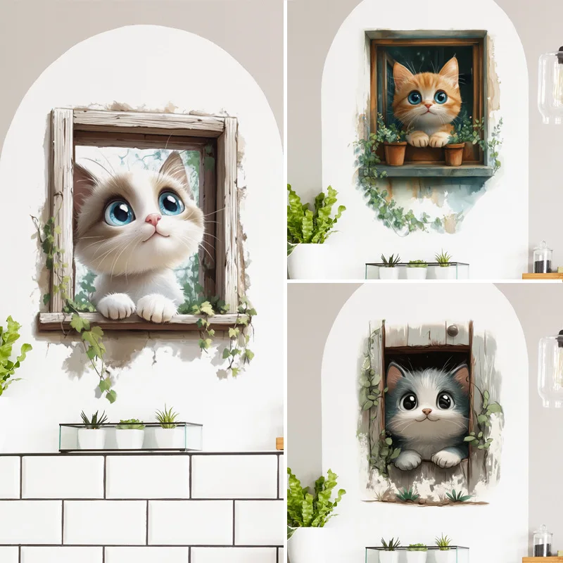 

Picture Frame Cute Cat Wall Stickers Bathroom Toilet Cover Sticker Fake Window Vine Living Room Background Wall Decor