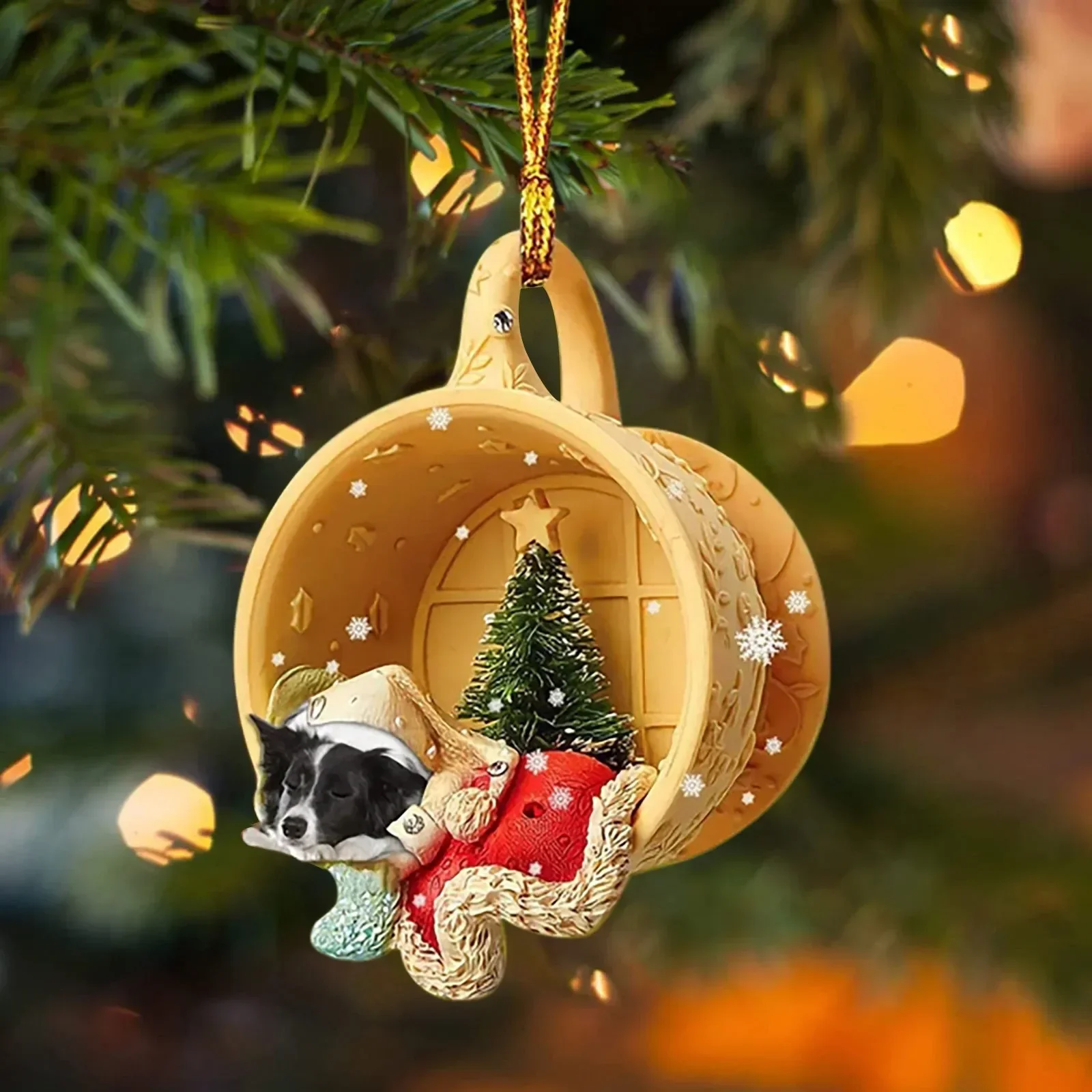 Creative Christmas Tree Pendants Decorations Cute Sleeping Dog in A  Scene-sleeping in Cup Hanging Pendants New Year Navidad 2D