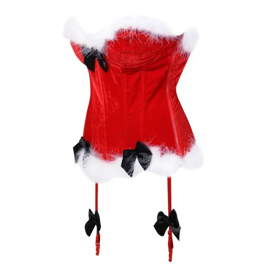 ผู้หญิง Burlesque Feathers Overbust Corset Christmas Santa เครื่องแต่งกาย Body Shaper Corset Bustier ชุดชั้นใน Top Plus ขนาด