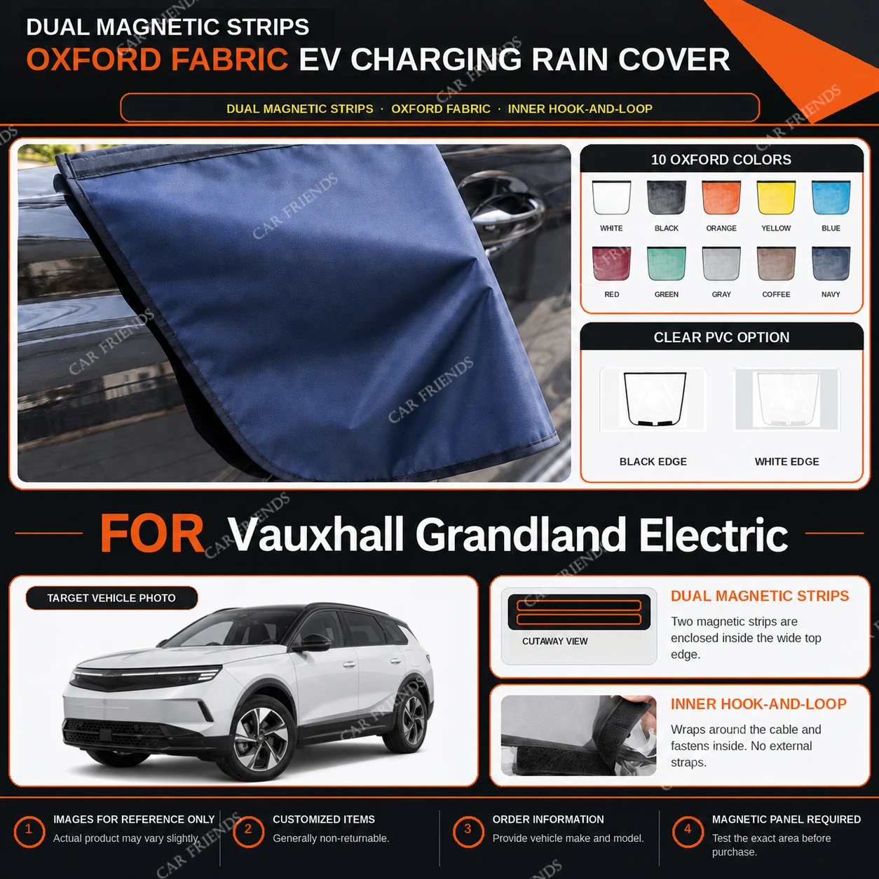 For Vauxhall Grandland Electric Oxford Fabric EV Charging Port Rain Cover with Dual Magnetic Strips Water-Repellent Outdoor