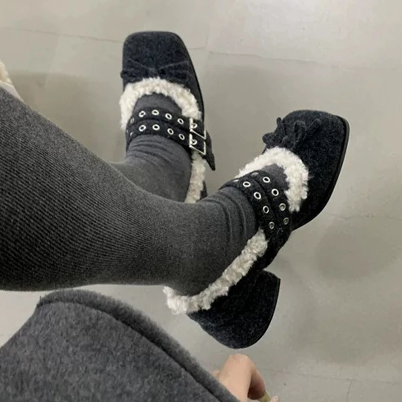 الفراء القوس عالية الكعب المرأة ماري جين أحذية مصمم مكتنزة الجلد المدبوغ أحذية 20226 جديد شتاء دافئ أحذية قطنية مضخات Mujer Zapatos