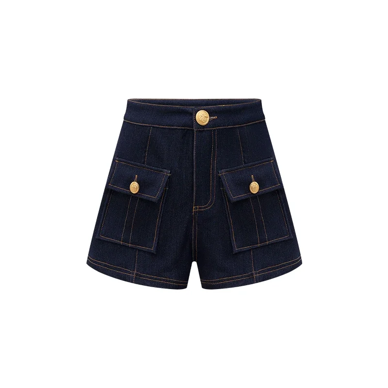 Japanese Spring And Summer Dark Blue High-Waist Button Pocket Line Denim Shorts For Women 2026 American New Fashion Slim Shorts