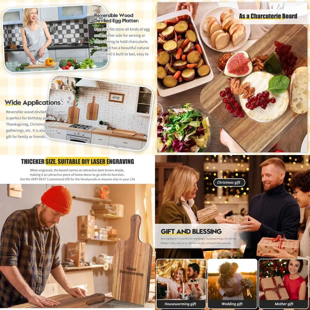 

Acacia Wood Chopping Boards - 6 Pack, 15x7 Inches, Thick, Handled, Engraving Ready for Weddings & Housewarmings