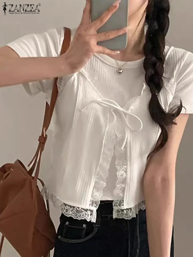 ZANZEA Damskie Koszulki Letnie z Krótkim Rękawem Tuniki Koronkowe Łączone Bluzki Moda 2025 Udające Dwuczęściowe T-shirty Codzienne Dzianinowe Bluzki Koszulowe