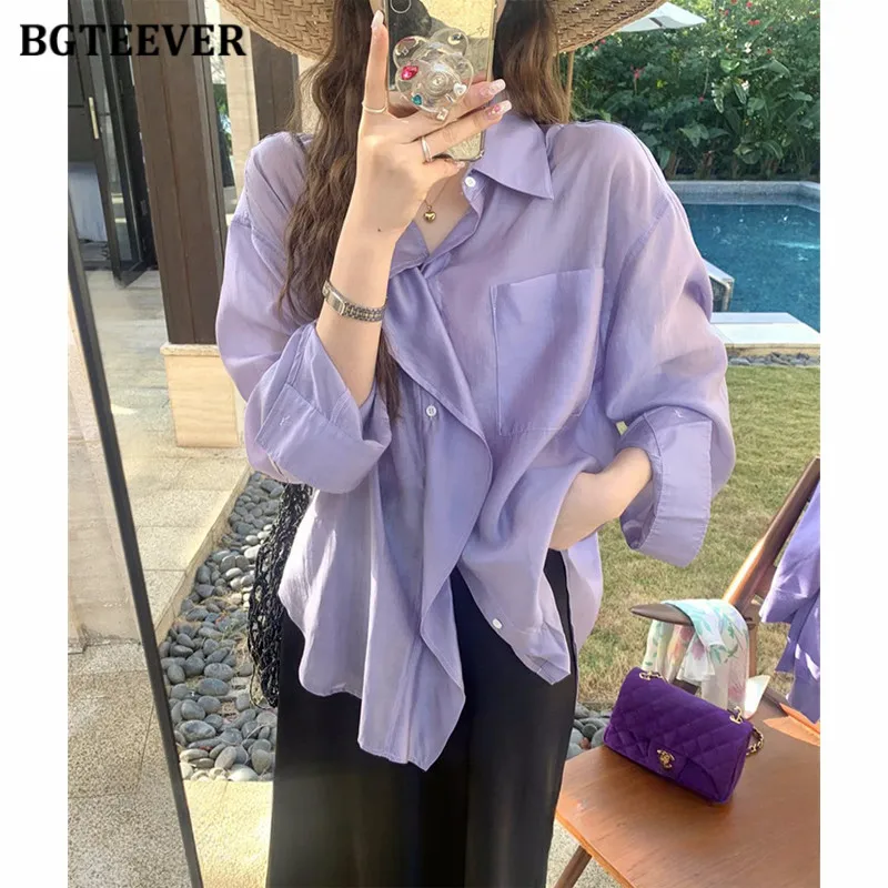 

BGTEEVER Summer Long Sleeve Single-breasted Ladies Blouses Tops Casual Loose Turn-down Collar Pocket Women Shirts