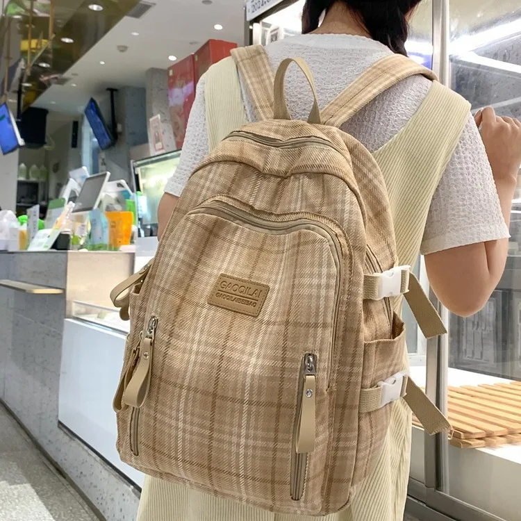 Literarische frische karierte Schult asche im japanischen Stil für Schüler auf dem Campus Rucksack Frauen Reisetasche