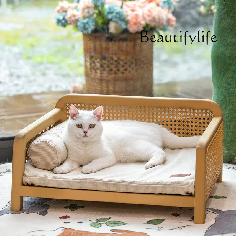 Summer breathable rattan sofa handmade cat bed cat nest does not occupy an area of solid wood cats and dogs universal removable,