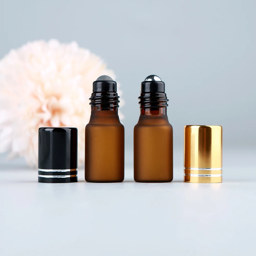 50/100PCS 3ml Mini Portable Amber Frosted Glass Perfume Rollers for Perfume/Essential Oil bottle Travel Must-Have, Reusable