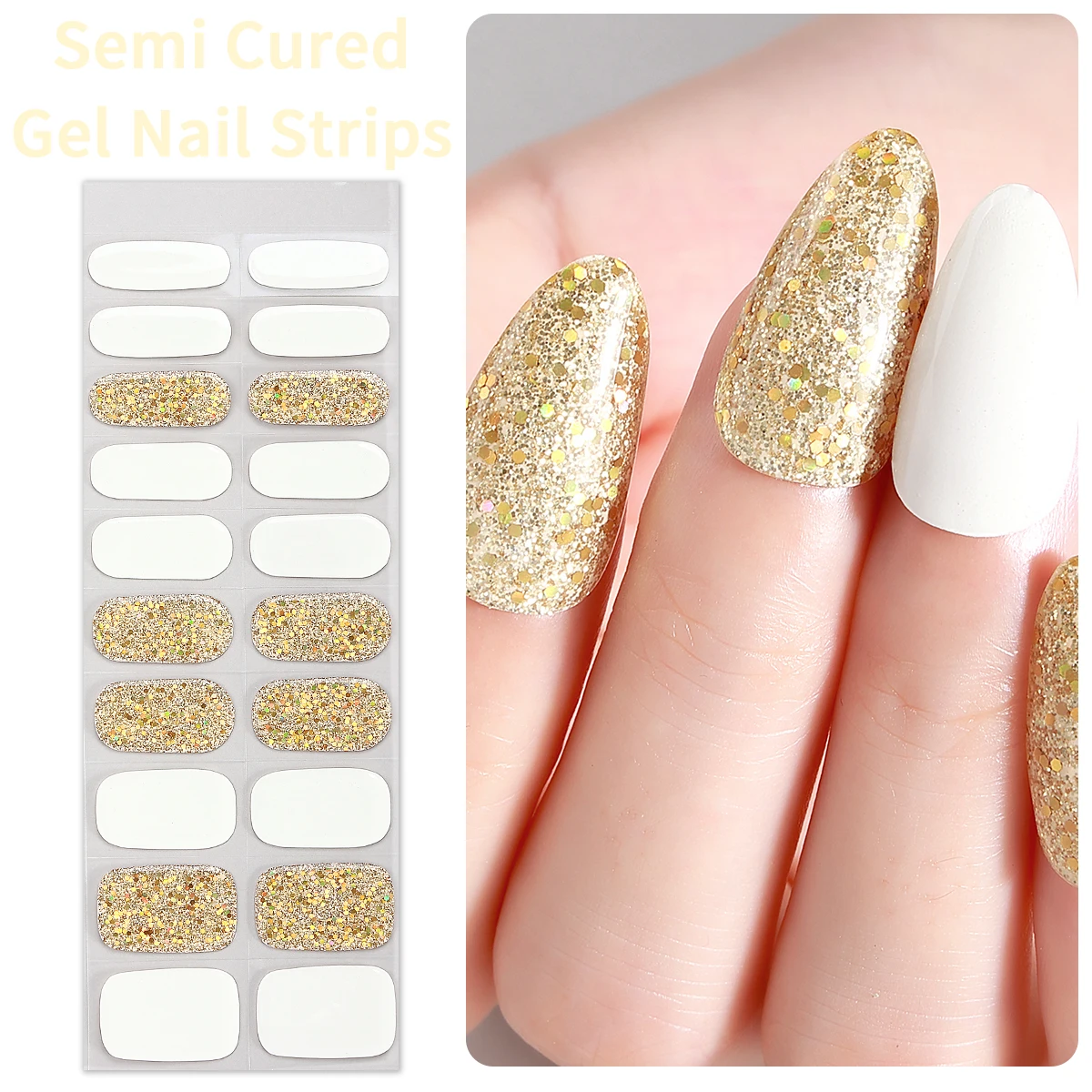 

20Tips White Golden Semi-Cured Gel Nail Strips Glitter Gold Foil Gel UV Nail Sticker Long Lasting Full Cover Manicure Accessorie