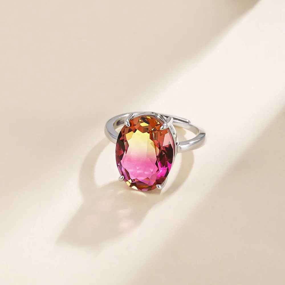 Monkton Genuine Rainbow Quartz Cocktail Rings for Women 12*16mm Oval Synthetic Stone Promise Rings for Her Anniversary Gift