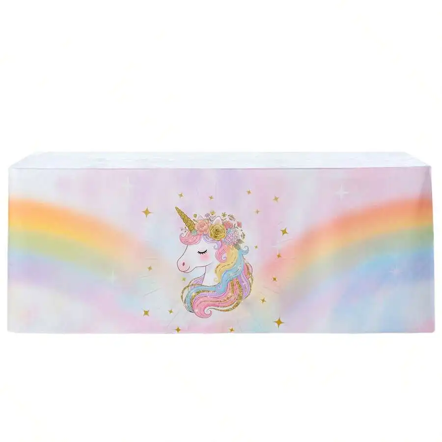 6ft 1/2PCS Rainbow Unicorn Tablecloth, Reusable Washable Polyester Table Cover, Gold Star Unicorn Print Rectangular Table Skirt