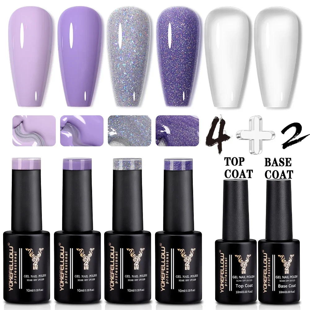 2024 NEUE YOKEFELLOW 6 Teile/satz Gel Nagellack Lila Glitter Mit Top Basis Mantel Frühling Macaron Lila Frühling Sommer Gel polnisch