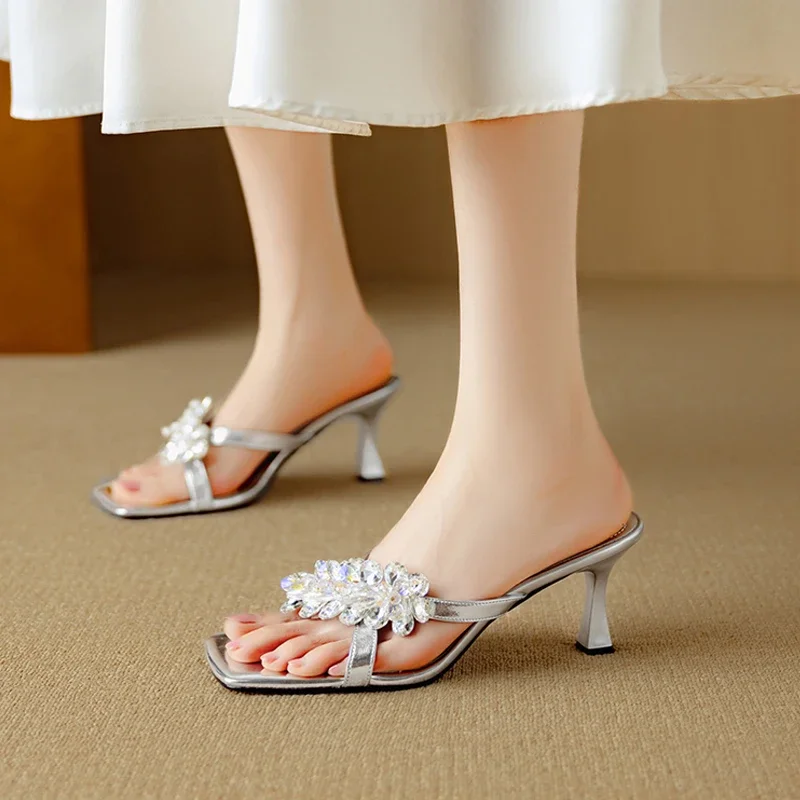 

Новинка 2023 года, летние женские сандалии из натуральной кожи, женская обувь из воловьей и овчины высотой 22-25 см, туфли-мюли на высоком каблуке с открытым носком и кристаллами