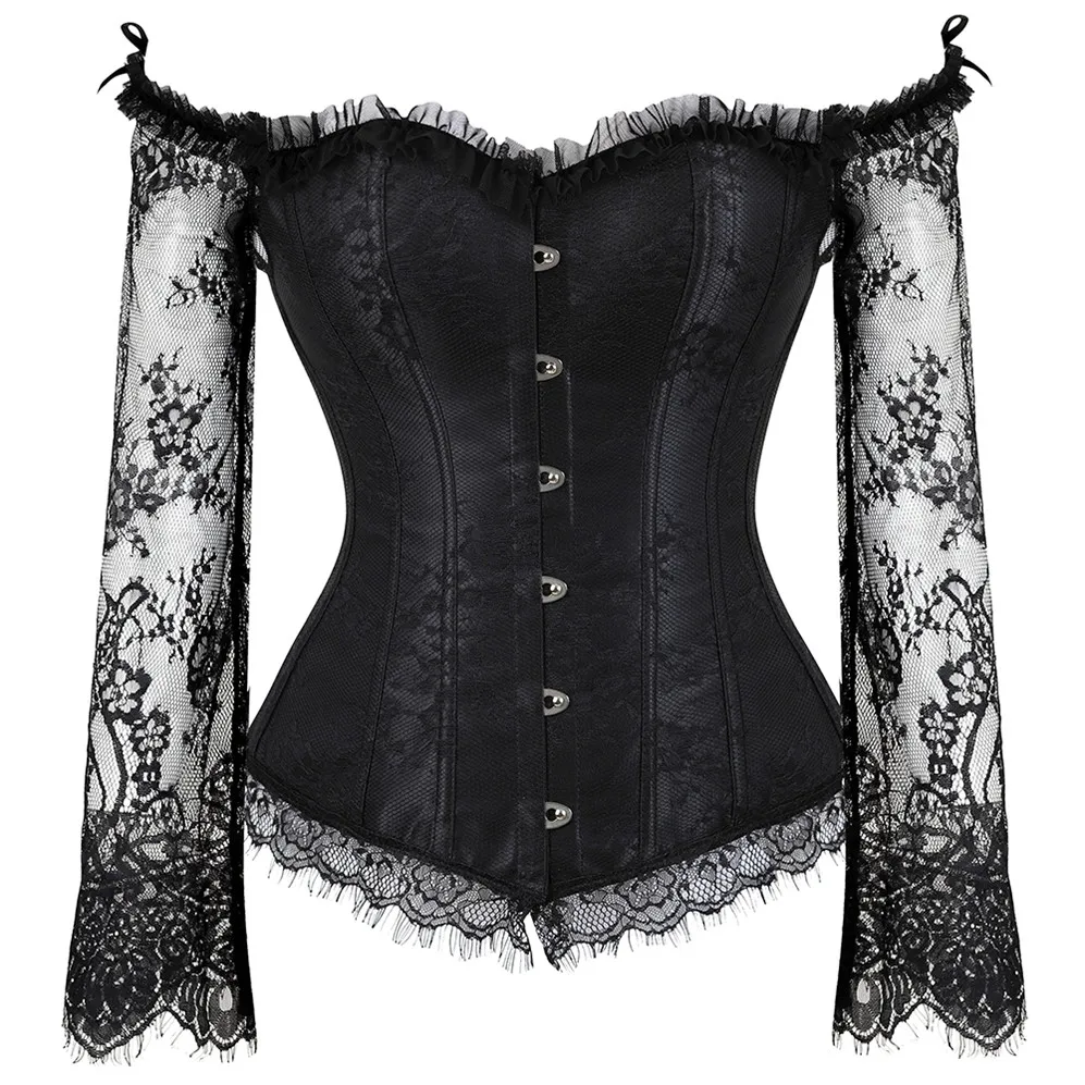 Vintage Women Sexy Bustier Off-Shoulder Sleeves Lace Embroidered Corset Gothic Blouse Overbust Corselet Top Lingerie Plus Size