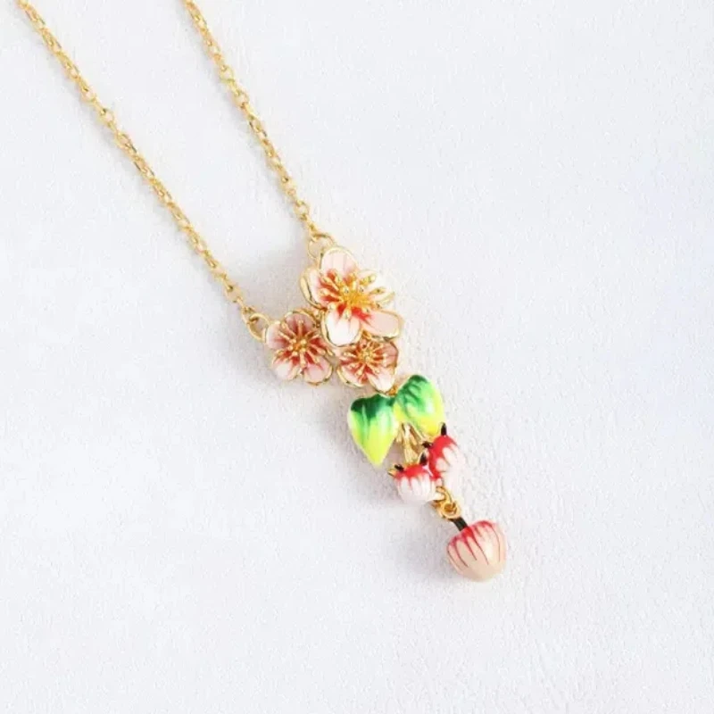 

Bohemia Fairy Style Hand Painted Enamel Glaze Fresh Pink Flower Pear Apple Fruit Pendant Sweet Mori Necklaces Collarbone Chain