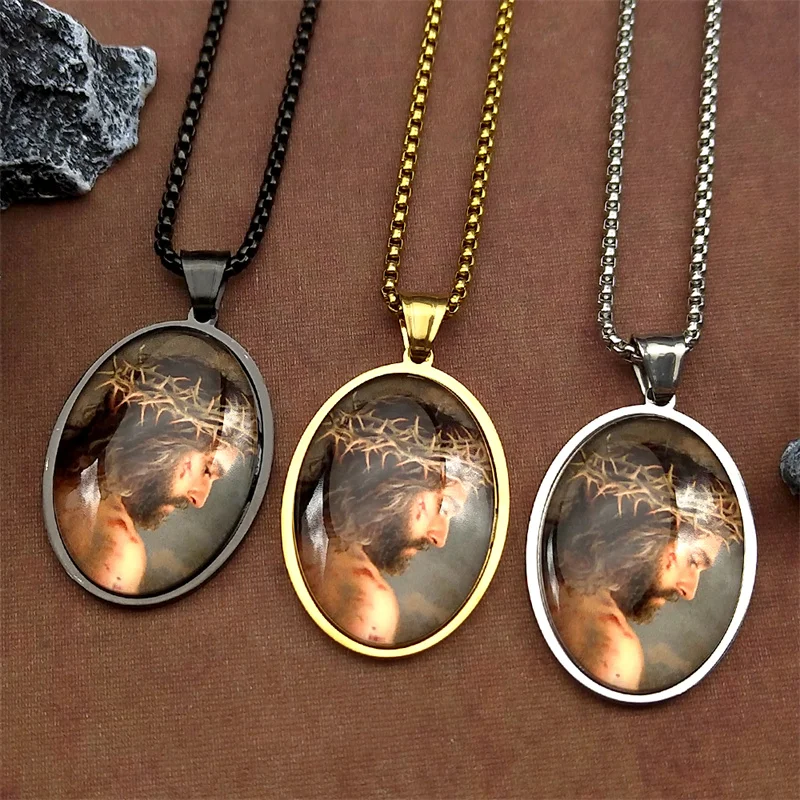 

Thorn Jesus Pendant Necklace For Women Men Stainless Steel Glass Gold Color Love Catholicism Faith Amulet Chain Jewelry Gifts