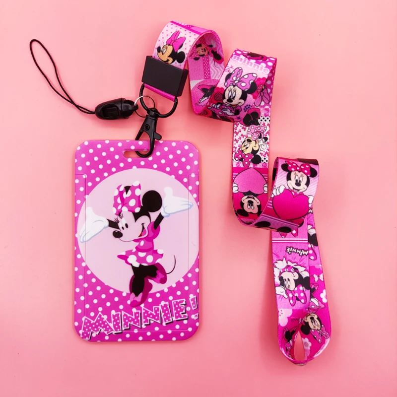 Dompet kartu kredit wanita, Disney Lanyard pemegang lencana ID, casing kartu kredit Minnie, tali leher, pemegang kartu pintu wanita, aksesori kredensial