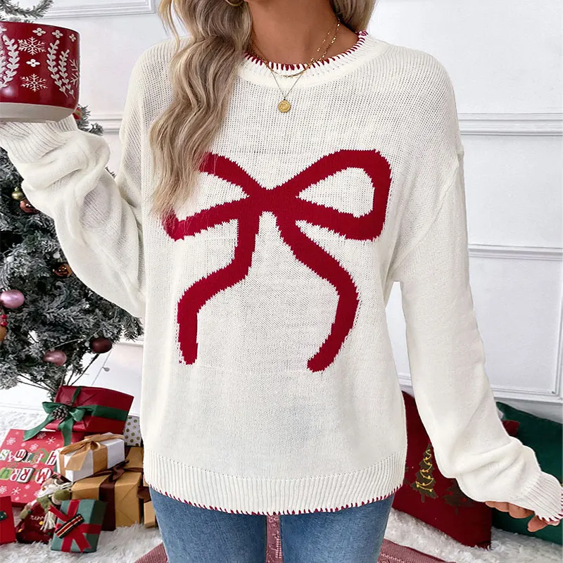 

Women's White Red Bow Print Crew Neck Knitted Sweater Christmas Casual Fashion Loose Fit Pullover