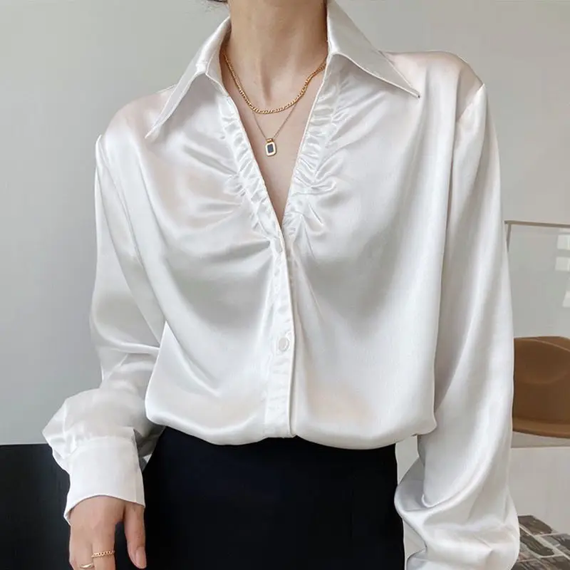 French Pleated V-neck Acetic Acid Satin Surface Women Spring Long Sleeved Simplicity Temperament Light Ripe Wind All-match Shirt