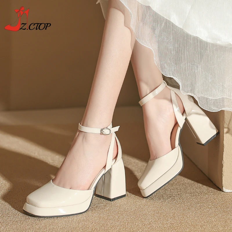 Black High Heels Ankle Strap Platform Pumps Women Fashion Square Toe Chunky Heeled Sandals Beige Wedding Dress Party Shoes