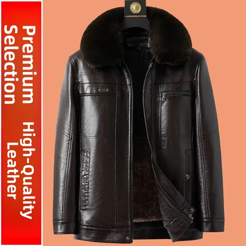 

Мужское кожаное пальто Thiened Jaet для среднего возраста и ли на меховой подкладке, цельное повседневное длинное пальто из полиэфирного волокна