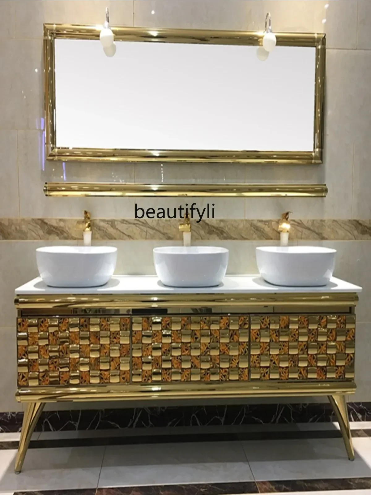 Golden Bathroom Cabinet Combination Stainless Steel European Hotel Villa Bathroom Cabinet   Wash Inter-Platform Basinhy