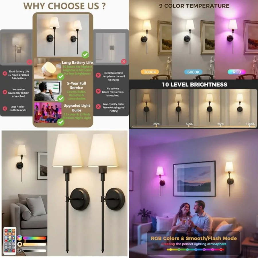 Battery Operated Wall Sconce Set of 2, Wireless Wall Light Easy to stall, 15 Color Rechargeable Wall Sconces, Sconce Wall Decor