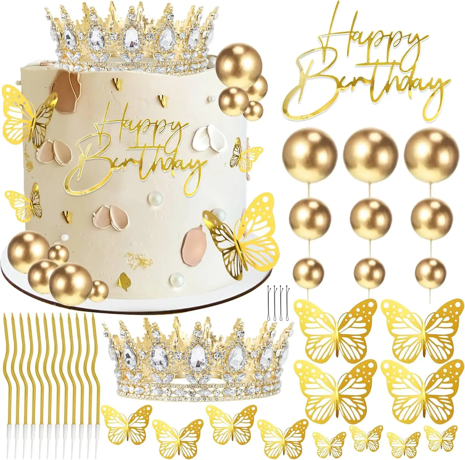 Kronen-Kuchenaufsatz, Kugeln, alles Gute zum Geburtstag, Kuchenaufsätze mit Kerzen, goldene Schmetterlinge, Kuchendekorationen für Hochzeit, Babyparty, Party – Detail 7