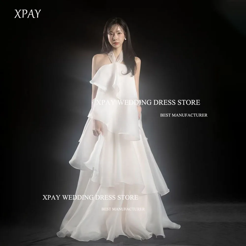 

XPAY Dream Angel Halter A-Line Korea Wedding Dresses Tiered Silk Organza Floor Length Corset/Zipper Back Bridal Gown Customized