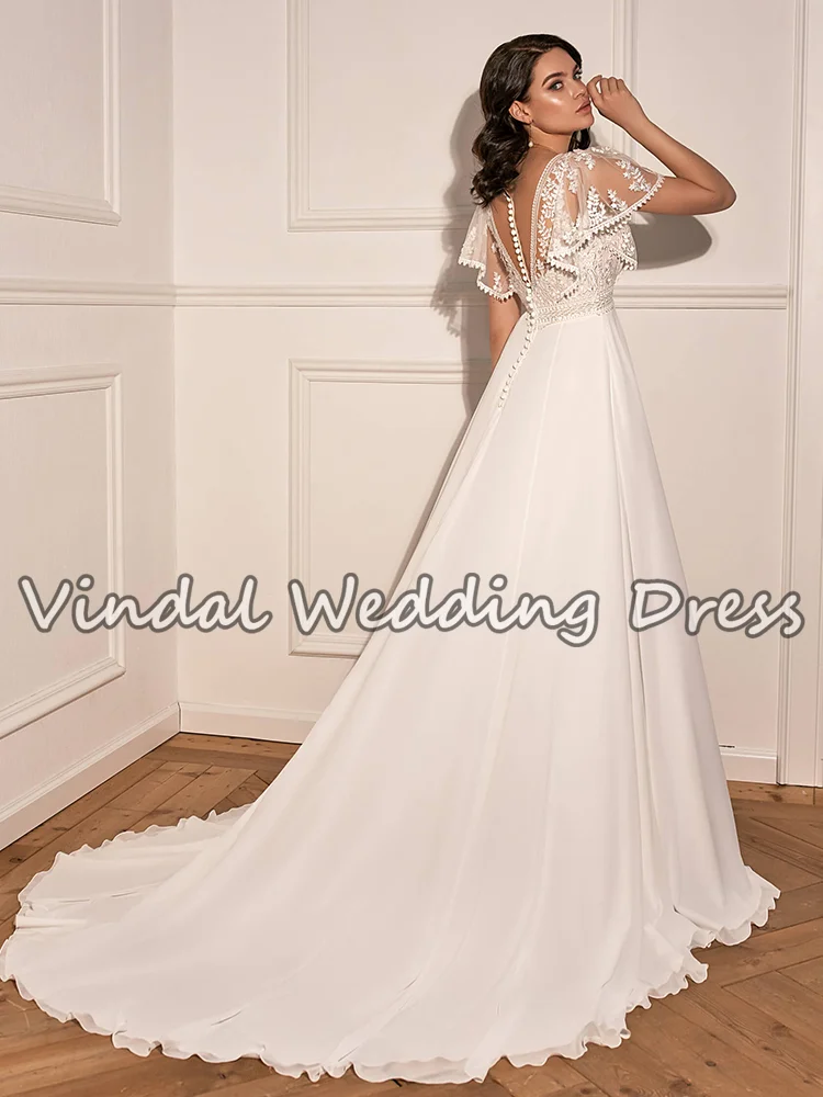 Vindal Boho col en v robes De mariée en mousseline De soie volants manches courtes dentelle a-ligne robe De mariée élégante Vestido De Novia personnalisé
