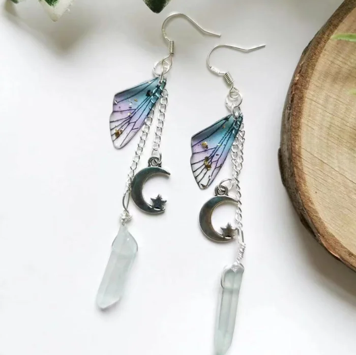 Goddness Butterfly Wings Crescent Moon with Crystal Quartz Dangle Earrings Wicca Jewelry for women