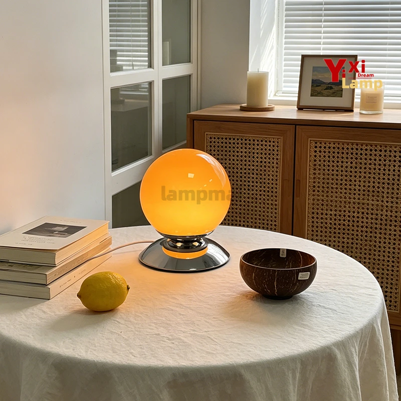 Murano Glass Sphere Disc Base Table Lamp, Bauhaus Minimalist Bedside Lamp, Decor Light for Bedroom, Dorm & Living Room