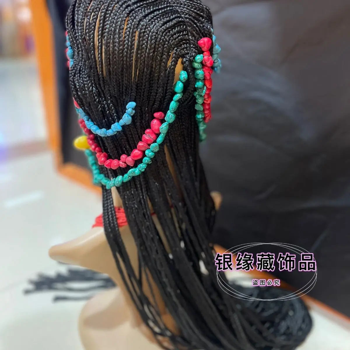 Peluca tibetana de una pieza, cabello trenzado, trenzas, diadema a presión, diadema negra.