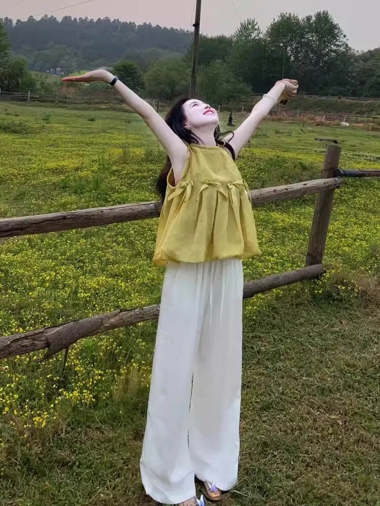 

Summer Outfit Large Size Yellow Neck Hanging Top Casual Wide Leg Pants Korean Style Age Reduction High Level Set Women's Clot...