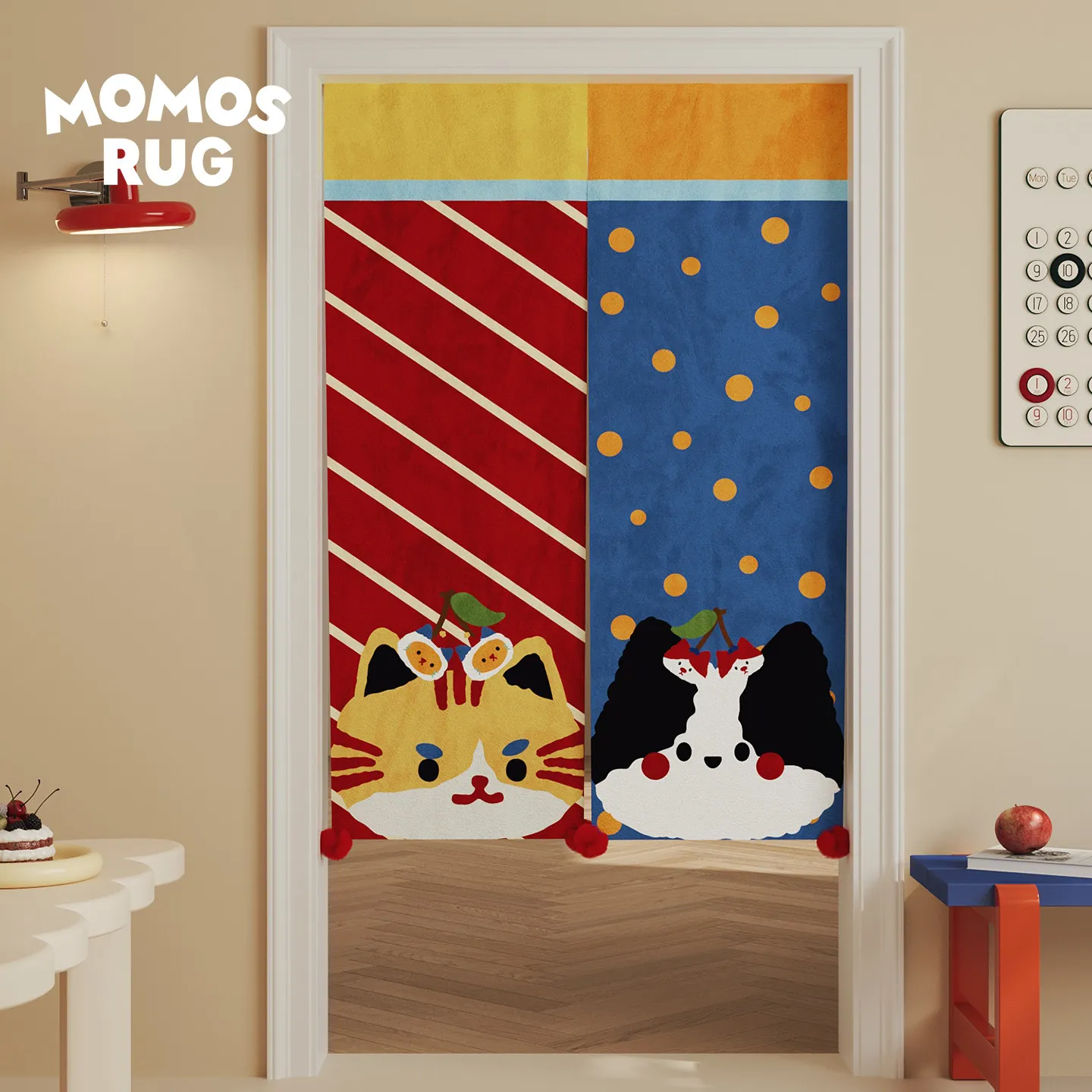 VIKAMA Cartoon Katze Hund Noren Türvorhang Farbblock Gepunkteter Hängevorhang Kinderzimmer Türtrennvorhang Deko-Vorhang