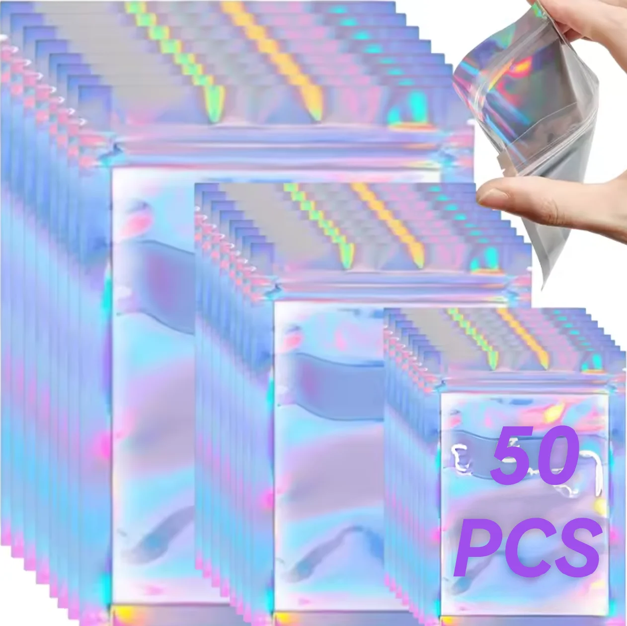 Bolsa holográfica de 50 piezas, bolsa autosellante con patrón de arco iris láser de varios tamaños, adecuada para bolsas de dulces y muestras de ventana frontal