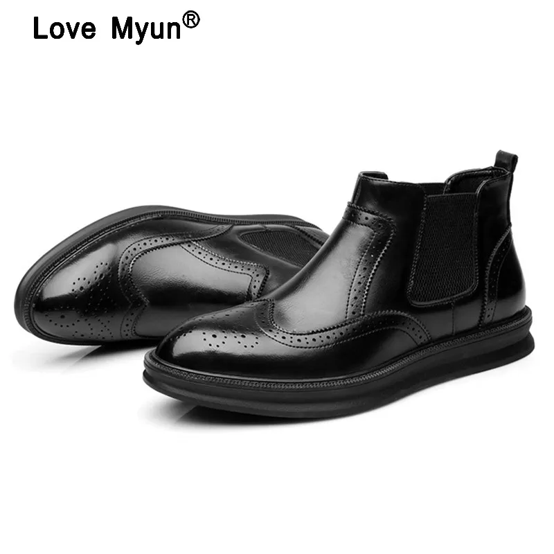 

2021 British Style Men Dress Business Genuine Leather Shoes Fashion High-top Pointed Toe Black Men Shoes Chelsea Boots 235