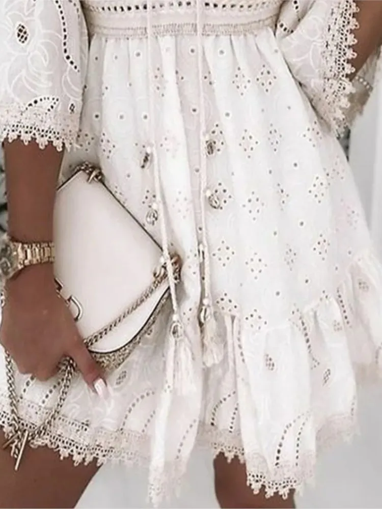 Summer Elegant Women's White Casual Hollow Lace Mini Dress V-neck Patchwork Tie Three-quarter Sleeve Women's Vacation Dresses