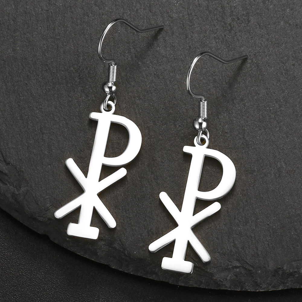 Dawapara Chi Rho Symbol Earrings Cross of Constantine Orthodox Drop Earrings Stainless Steel Protection Amulet Religious Jewelry