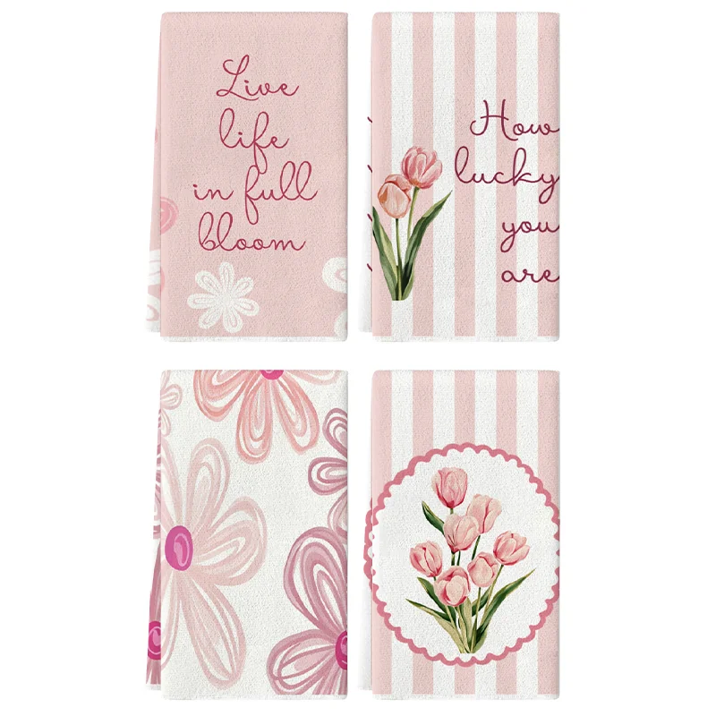 4Pcs, Pink and White Striped Tulip Kitchen Towels, 40Cm*60Cm Towel Set, Best Kitchen Towels, Super Absorbent Soft Cleaning Cloth, Cooking and Baking Tea Towels, Hand Towels, Cleaning Cloths, Dishcloths, Kitchen Decor, Living Room Decorations, Kitchen Essentials, Home Essentials
