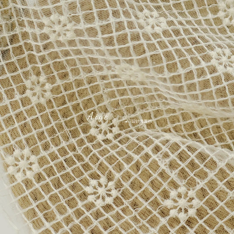 Beige Embroidered Mesh Tulle Fabric Tiny Gingham Floral Pattern Sheer Soft Lightweight for Skirt Tablecloth Fabric for Sewing
