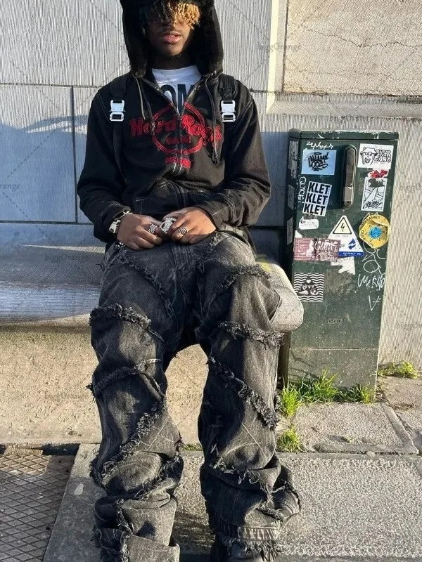 

American Sle Loose Fit Men's Jeans Webbed Spiderman Distred High Waist Casual Hip Hop Long Pants Straight Leg Jeans