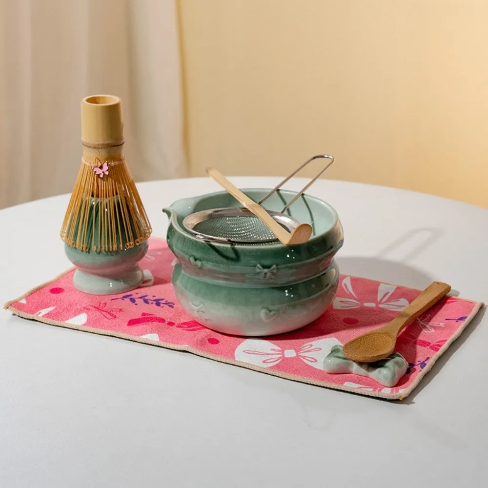 

New Ceramic Matcha Bowl Bowknot with Pouring Spout Matcha Making Kit Reusable Gradient Color Matcha Whisk Holder Tea Lovers